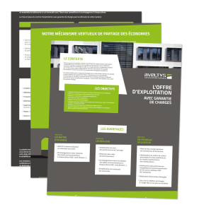 Mockup de plaquettes Aveltys présentant l’offre d’exploitation avec garantie de charges