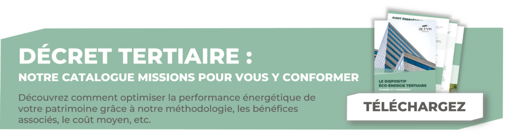 Bannière affichant le catalogue de missions du Décret Tertiaire avec visuel de bâtiment et bouton Téléchargez