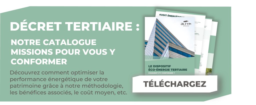 Bannière affichant le catalogue de missions du Décret Tertiaire avec visuel de bâtiment et bouton Téléchargez