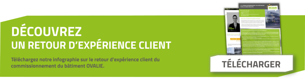 Bannière présentant l’infographie du retour d’expérience client sur le commissionnement du bâtiment OVALIE avec bouton Télécharger