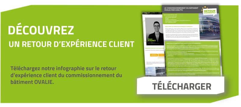 Visuel compact présentant l’infographie du retour d’expérience client sur le commissionnement du bâtiment OVALIE avec bouton Télécharger