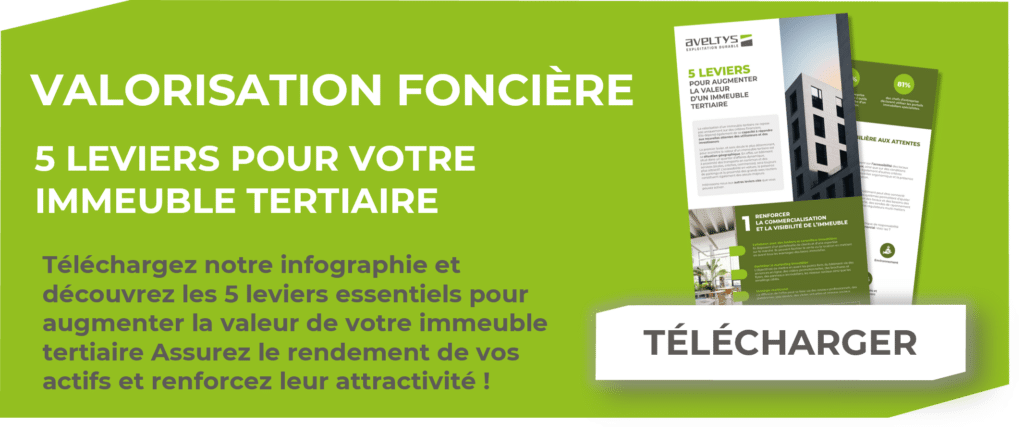 Visuel mobile présentant l’infographie sur la valorisation foncière et les 5 leviers pour augmenter la valeur d’un immeuble tertiaire