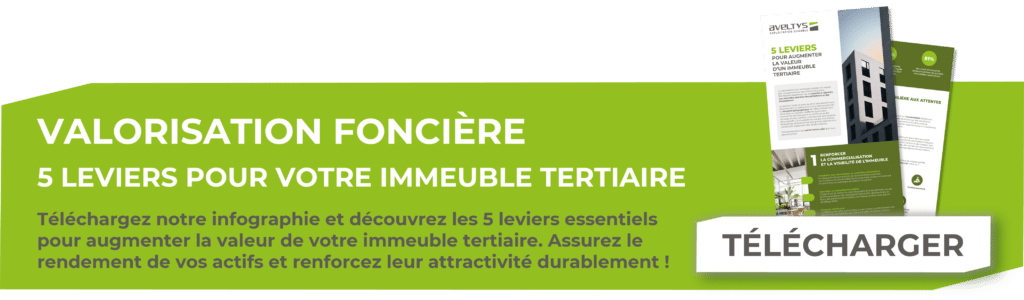 Bannière présentant l’infographie sur les 5 leviers de valorisation foncière pour immeubles tertiaires avec bouton de téléchargement
