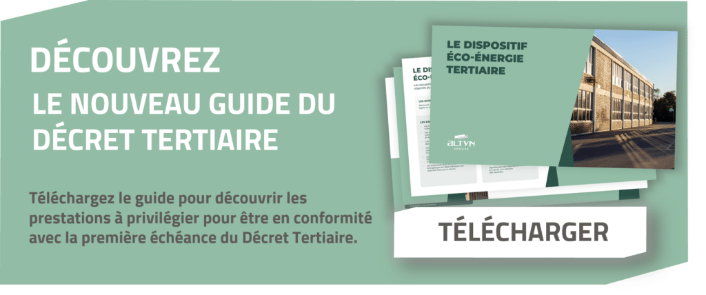 Bannière affichant le guide du Décret Tertiaire avec documents ouverts et bouton Télécharger