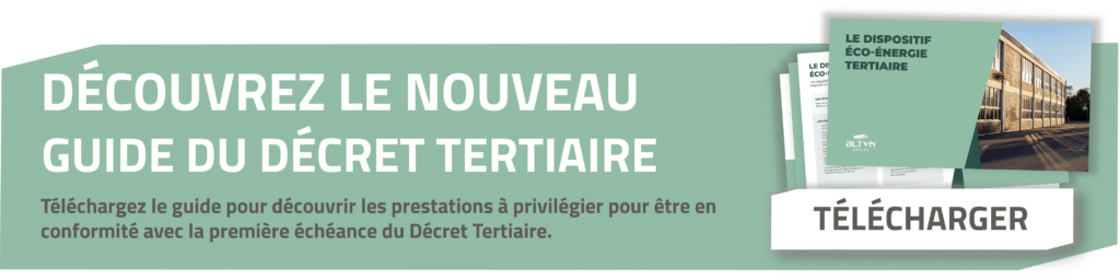 Bannière présentant le guide du Décret Tertiaire avec visuel de bâtiment et bouton Télécharger