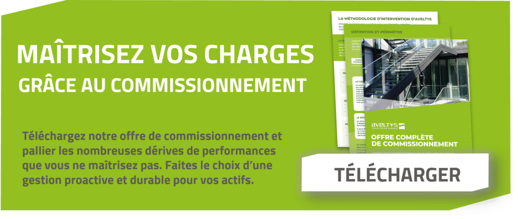Visuel mobile présentant l’offre de commissionnement avec un bâtiment moderne et bouton Télécharger