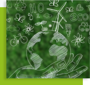 Illustration de planète, éolienne, vélo et symboles écologiques dessinés en blanc sur fond vert