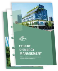 Couverture de brochure “L’OFFRE D’ENERGY MANAGEMENT” du groupe ALTYN avec un immeuble tertiaire moderne et végétalisé