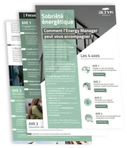 Mockup de fiches explicatives sur la sobriété énergétique montrant comment un Energy Manager accompagne les bâtiments – groupe ALTYN
