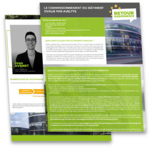 Mockup de présentation du retour d’expérience Ovalie, plateforme Aveltys montrant un visuel professionnel pour illustrer un cas client en performance énergétique.