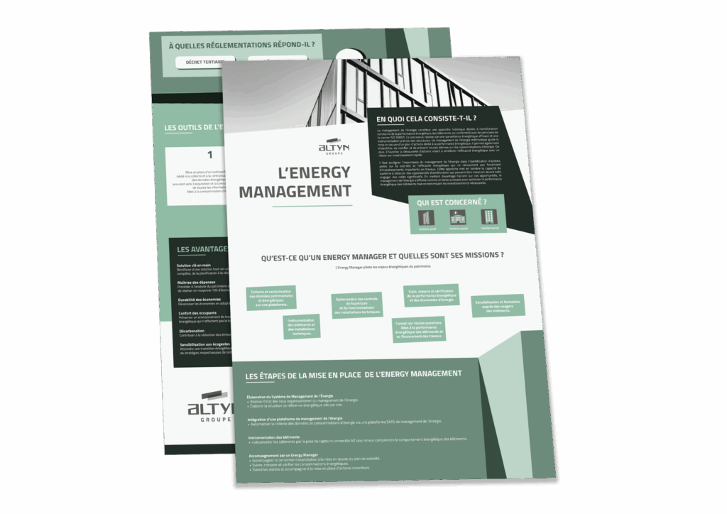 Mockup de plaquette “L’ENERGY MANAGEMENT” du groupe ALTYN présentant la démarche, les étapes et les avantages de l’energy management pour les bâtiments