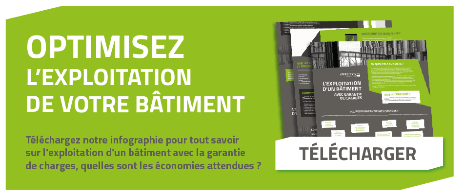 Visuel large présentant une infographie sur l’exploitation de bâtiment et les économies possibles, avec bouton Télécharger
