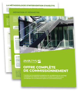 Mockup de documents Aveltys présentant l’offre complète de commissionnement avec visuel de bâtiment vitré
