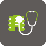 Icône représentant un stéthoscope appliqué à un bâtiment stylisé