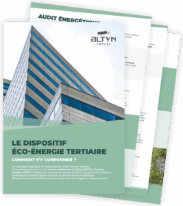 Mockup de brochure sur le dispositif Éco‑Énergie Tertiaire avec visuel d’immeuble moderne