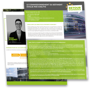 Mockup de présentation du retour d’expérience Ovalie, plateforme Aveltys montrant un visuel professionnel pour illustrer un cas client en performance énergétique.