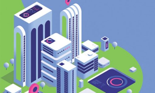 Illustration isométrique représentant des immeubles modernes avec éléments digitaux et points de localisation